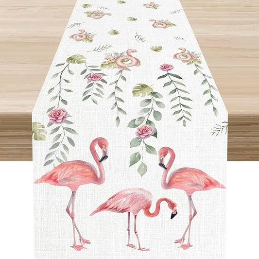 Flamingo Table Runner,Rustic Boho Grey Leaf Pink Rose Floral Tropical Bird Pattern Table Center Decor for Family Kitchen and Living Room Outdoor Farmhouse Party Table Decorations, 13"x90"