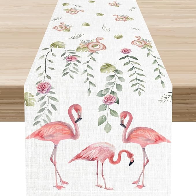 Flamingo Table Runner,Rustic Boho Grey Leaf Pink Rose Floral Tropical Bird Pattern Table Center Decor for Family Kitchen and Living Room Outdoor Farmhouse Party Table Decorations, 13"x72"