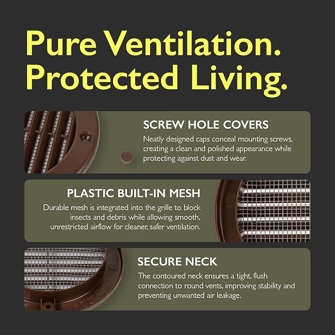4 Inch [Opening] Brown Air Vent Cover – Pack of 5 – Plastic Round Air Vent Grill Cover for Wall or Ceiling, Built-in Mesh Screen/HVAC Return Air Register – Modern Louvered Design