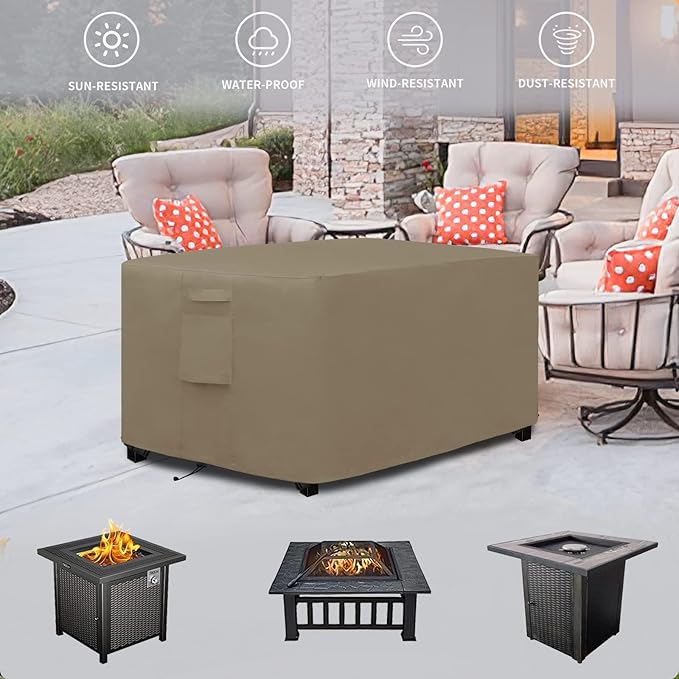 Easy-Going Outdoor Fire Pit Cover Rectangle 52" Lx34 Wx24 H, Durable Outdoor Gas Firepit Cover, Waterproof and Weatherproof Cover for Fire Pit, Camel
