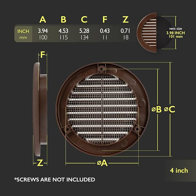 4 Inch [Opening] Brown Air Vent Cover – Pack of 5 – Plastic Round Air Vent Grill Cover for Wall or Ceiling, Built-in Mesh Screen/HVAC Return Air Register – Modern Louvered Design
