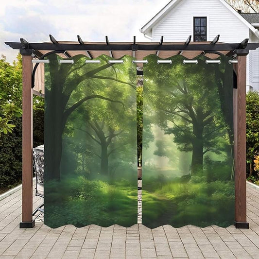Forest Theme Waterproof Indoor/Outdoor Curtains,Dawn Trees Jungle Pattern,UV and Fade Resistant Outside Curtains for Gazebo, Front Porch, Pergola,2 Panel,54 x 96 inch,Green