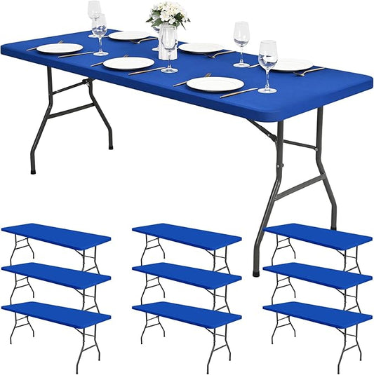 10 Pack Stretch Fabric Table Top Cap Cover, fits 8Ft Tables, Spandex Table Covers Washable Elastic Universal Rectangle Tablecloth Protector for Outdoor Party Picnic Wedding, Royal Blue, 30" W x 96" L