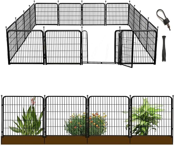 Garden Fence with Gate 32 in(H)×26.6 Ft(L) 12 Panels, Heavy Duty Iron Animal Barrier Fence for Yard, Suitable for Indoor Pet Fence Or Outdoor Dog Fencing