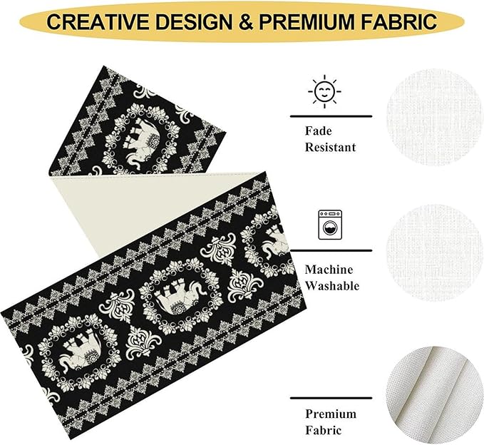 Boho Elephant Table Runner, Rustic Black African Tribe Animal Damask Diwali India Mandala Art Print Coffee Table Center Decor for Home Kitchen Holiday Party Outdoor Table Decorations, 13"x72"