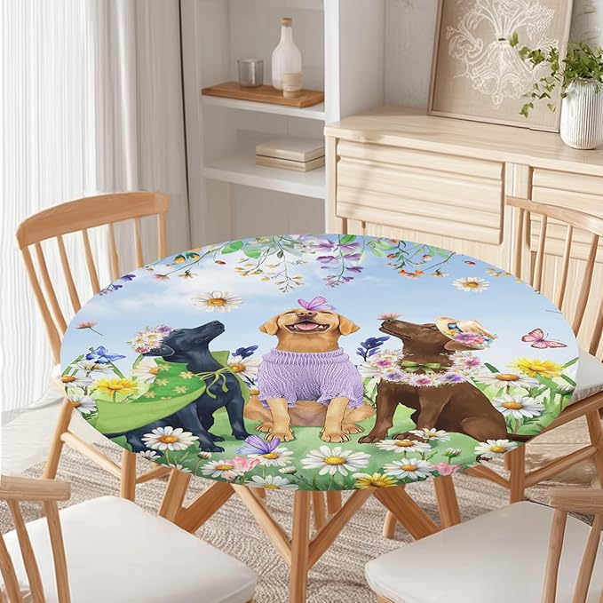 Spring Dogs Round Fitted Tablecloth with Elastic Colorful Floral Farmhouse Easter Circle Table Cloth for 44-48" Tables Wipeable Waterproof Outdoor Wildflowers Puppy Table Cover for Party Picnic Dining