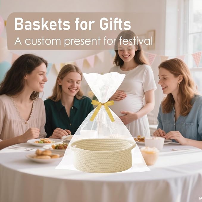 Woven Basket,Small Rope Storage Bin with Handles & Ribbon Bag, Organizer for Shelves Closets,Gift Basket Empty for Birthday,Books,Dog Toys,Beige