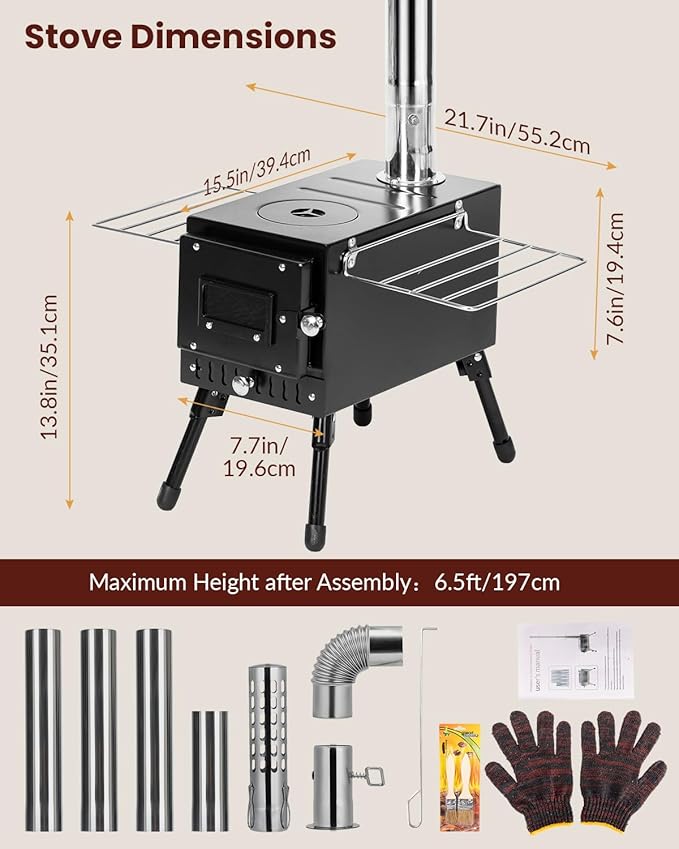 Wood Stove,YRenZ Hot Tent Stove with 7-Section Stainless Steel Chimney, HeatControl Stovepipe and Elbow Pipe, Wood Burning for Outdoor Camping and Ice Fishing
