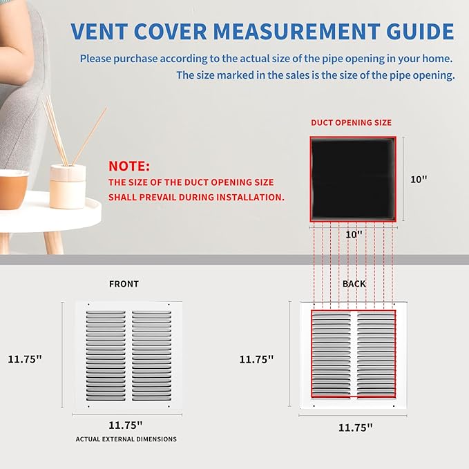 10x10 Vent Cover (Duct Opening Size), Air Return Vent Cover, AC Vent Cover, Cold Air Return Vent Cover, Flat Return Air Grilles, Outer Dimensions:11.75"W x 11.75"H (10"Wx10"H, Duct Opening)