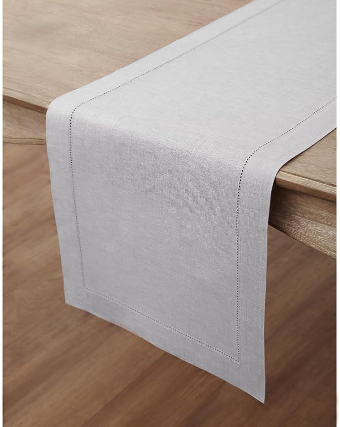 Solino Home Linen Soft Grey Table Runner 72 Inches Long - 100% Pure Linen Hemstitch Table Runner 14 x 72 Inch for Dresser, Dining, Spring, Easter - Classic Hemstitch
