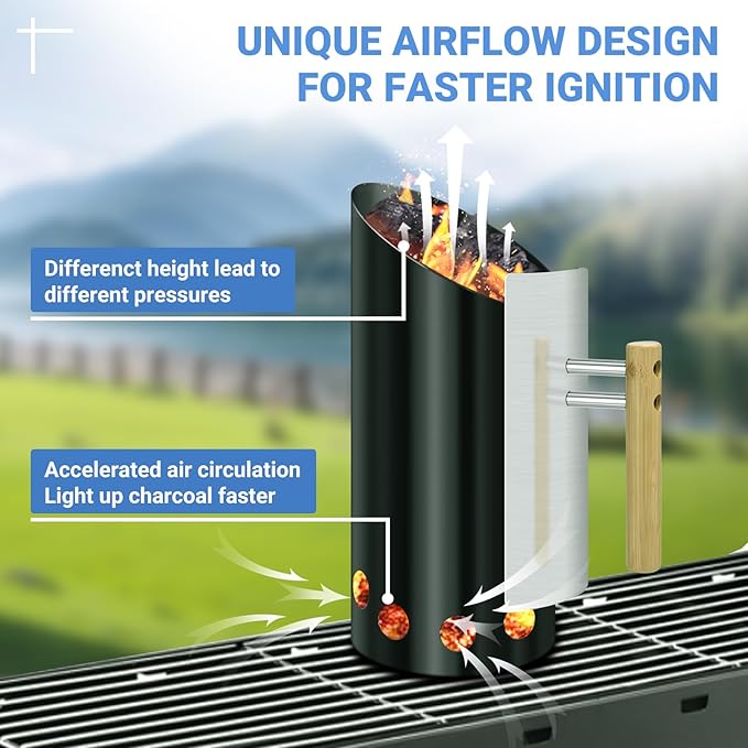 Charcoal Chimney Starter with 11" Briquet Shovel Set, Double Enameled Large Capacity Chimney Starter for Charcoal Grill with Heat Shield & Wood Handle Great Heat Insulation and Easy Grip
