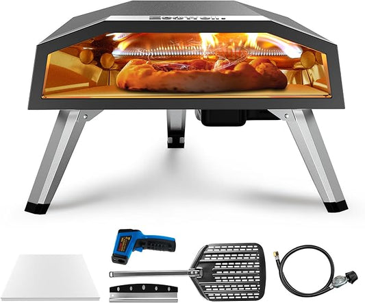 16" Outdoor Gas Pizza Oven, 80-Second Countertop Pizza Maker | with Gas Hose & Regulator, Pizza Stone, Peel, Cutter, Infrared Thermometer, Propane Grill Reaches 930°F (16 inch)