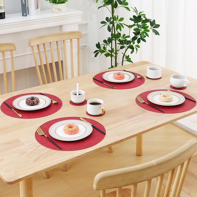 Homaxy Round Faux Leather Placemats and Coasters, Washable Dual-Side Table Mats, Wipeable Heat-Resistant Dining Place Mats for Outdoor and Indoor, Set of 6, Diameter 13 and 3.93 inch, Red