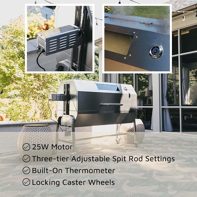Ash & Ember 25 Watt Stainless Steel BBQ Rotisserie Grill, Rated 125 LB for Medium Game, Hood with Viewing Window, Portable Electric Outdoor Roaster with Dual Prongs, Single Leg Bracket, and Spine Fork