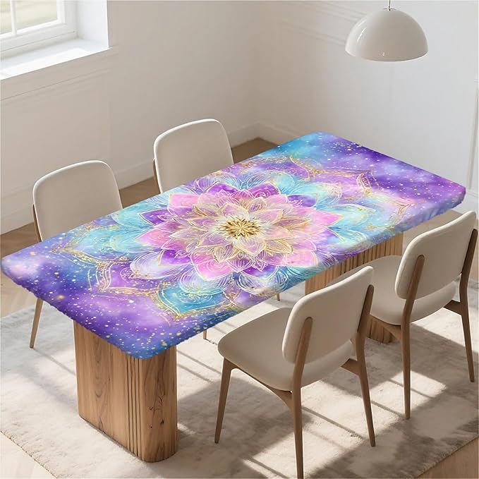 Rectangle Table Cloth Cover Waterproof Elastic Fitted Polyester Fitted Tablecloths for 6 Foot Tables for Indoor,Picnic, Camping, Outdoor （72" x 30"，Datura）