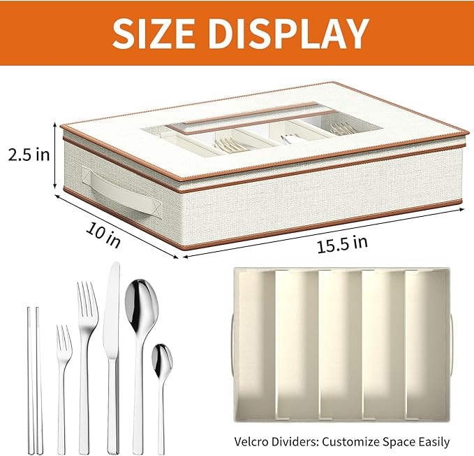 Aokeyee 2 Pack Silverware Storage Box, Sturdy Flatware & Utensil Storage Case with Adjustable Dividers, 5 Compartment Silverware Organizer with Lid and Handle for Utensil, Flatware, Knives, Ivory