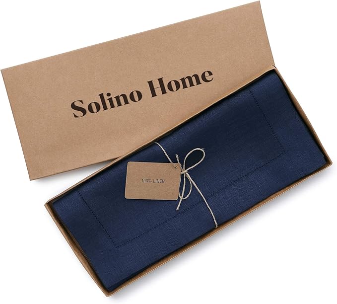 Solino Home Linen Navy Blue Table Runner 90 Inches Long - 100% Pure Linen Hemstitch 14 x 90 Inch Table Runner for Dining, Easter - Classic Hemstitch