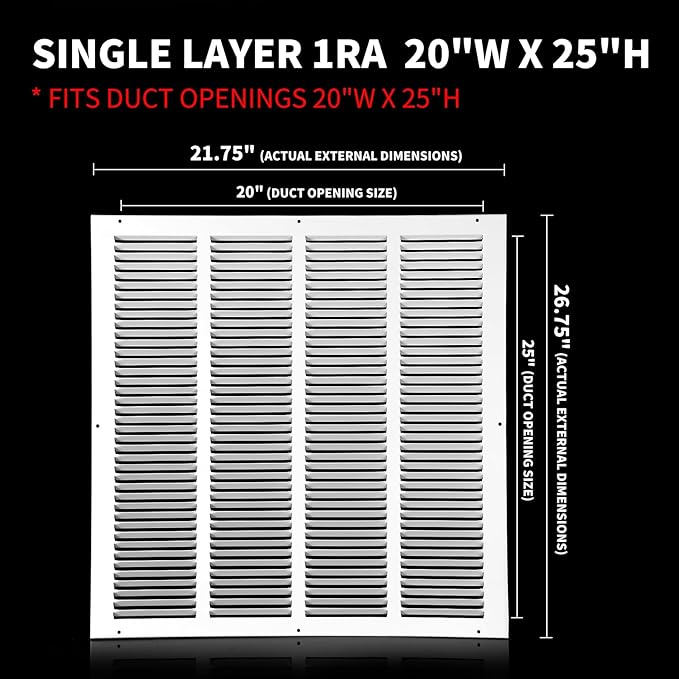 20x25 Air Return Grille(Duct Opening Size),Air Return Vent Cover,Flat Vent Cover,Rejillas De Aire Acondicionado para Casa,Return Air Grilles,Outer Dimensions:21.75"Wx26.75"H(20"Wx25"H, Duct Opening)