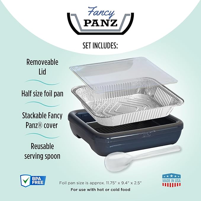 Fancy Panz - Charcoal Classic Aluminum Foil Pan Carrier with Lid - Elevated Food Serving Tray - Portable Casserole Carrier with Lid - Made in The USA Hosting Essentials