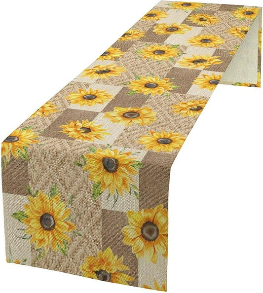 Farmhouse Sunflower Table Runner, Rustic Vintage Linen Patchwork Summer Yellow Floral Table Cover for Bithday Party Home Kitchen Dining Room Decor, 13x90inch
