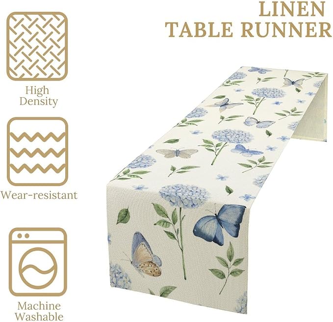 Hydrangea Butterfly Table Runner, Seasonal Spring Summer Table Runner for Holiday Kitchen Dining Home Party Outdoor 13x90in