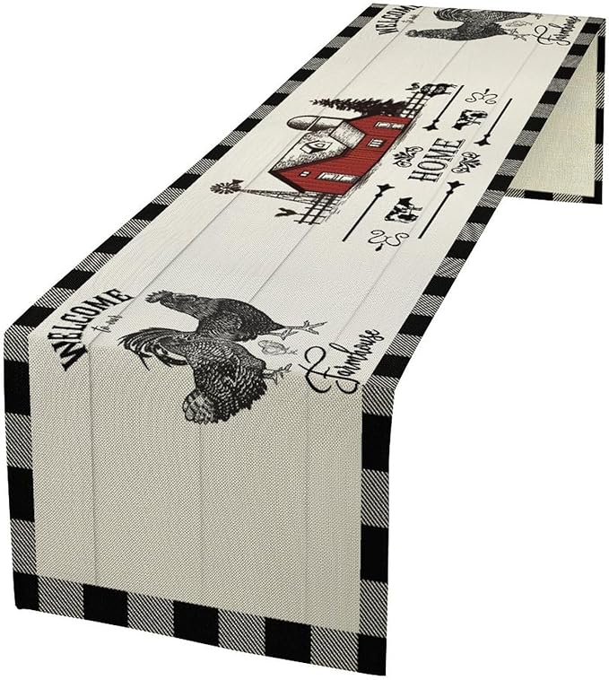 Rooster Table Runners, Black White Buffalo Plaid Rustic Cow Farm Animal Table Runner for Wedding Coffee Dining Table Party Home Farmhouse 13x108in