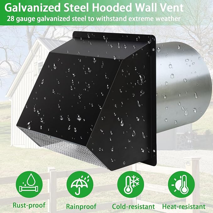 8 Inch Wall Vent Hood Wall Exhaust Vent Cover Outdoor Hooded Wall Vent with Screen and Damper,Wall Vent Cover Cap Exterior Air Exhaust for Kitchen Range Hood HVAC Duct Dryer Vent,Galvanized Steel