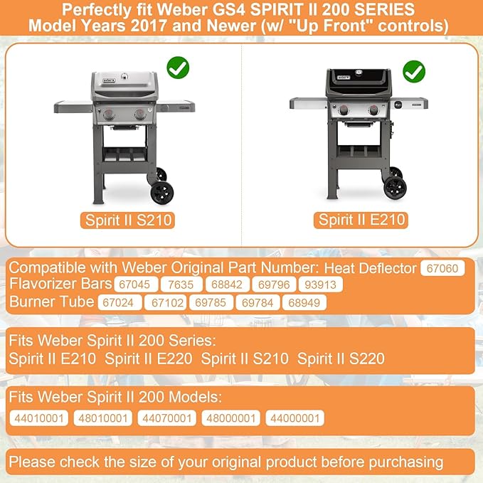 Grill Parts for Weber Spirit 2 Grill Parts GS4 Spirit II E210 S210 E220 S220, Replacement for Weber GS4 Spirit 2 Flavorizer Bars 7635 67045, Burner Tube 67024 67102 69785 & Heat Deflector 67060