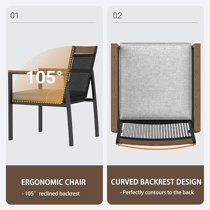 7-Piece Patio Dining Table and Chair Sets, Outdoor Metal Dining Furniture Set with Umbrella Hole, Wood Grain Tabletop, 6 Rope Patio Chairs with Faux Wood Armrest & Cushions for Backyard, Deck