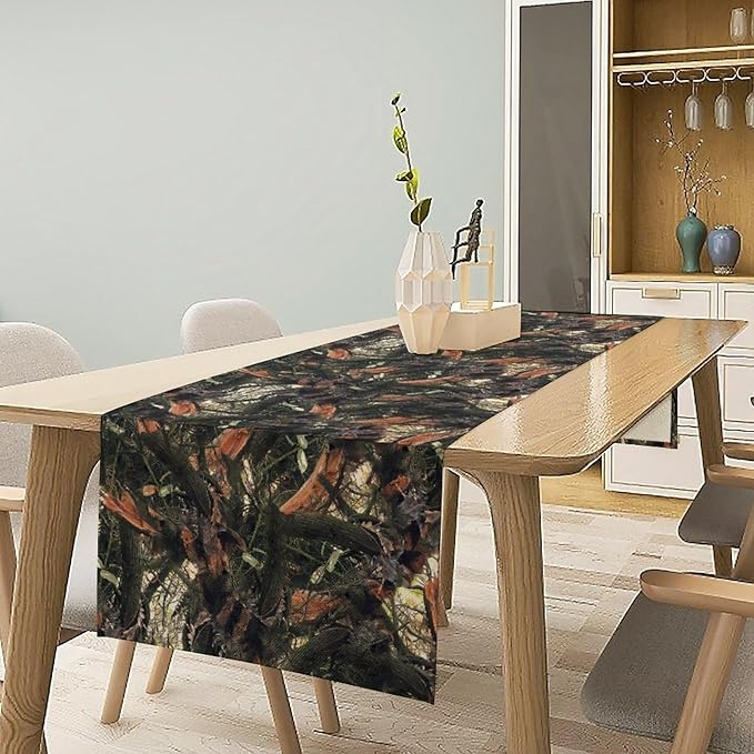 Camouflage Forest Trees Table Runner, Rustic Camouflage Hunting Camp Mossy and Oak Table Runner for Kitchen Dining Banquet Party 13x108in