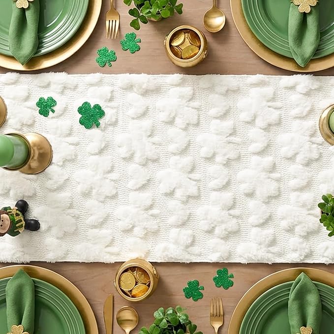 Artoid Mode White Soft Plush Faux Fur Jacquard Heart Clover St. Patrick's Day Table Runner, Seasonal Kitchen Dining Table Decoration for Home Party Decor 13x72 Inch