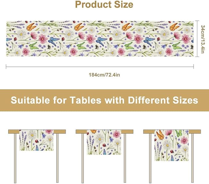 Flower Floral Table Runner, Butterfly Wildflowers Daisy Spring Summer Rustic Table Runner for Farmhouse Holiday Kitchen Dining Outdoor Home Party 13x120in
