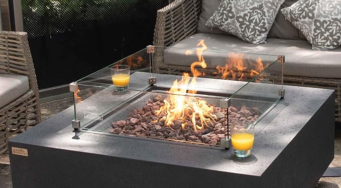 AMS Fireplace | Rectangular Fire Pit Glass Wind Guard for Brooklyn Fire Pit (Light Gray) | Shielded from Patio Heater Flames | Tempered Glass with Polished Edges for Safety | Fire Table Glass Shield