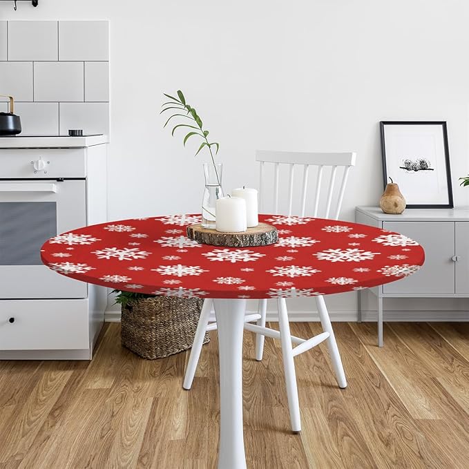 Christmas Snowflake Red White Round Table Cloth Cover, Elastic Edge Waterproof Wipeable Tablecloths 45"-56" Polyester Tablecloth for Party Restaurant Banquet Holiday Camping Outdoor Picnic