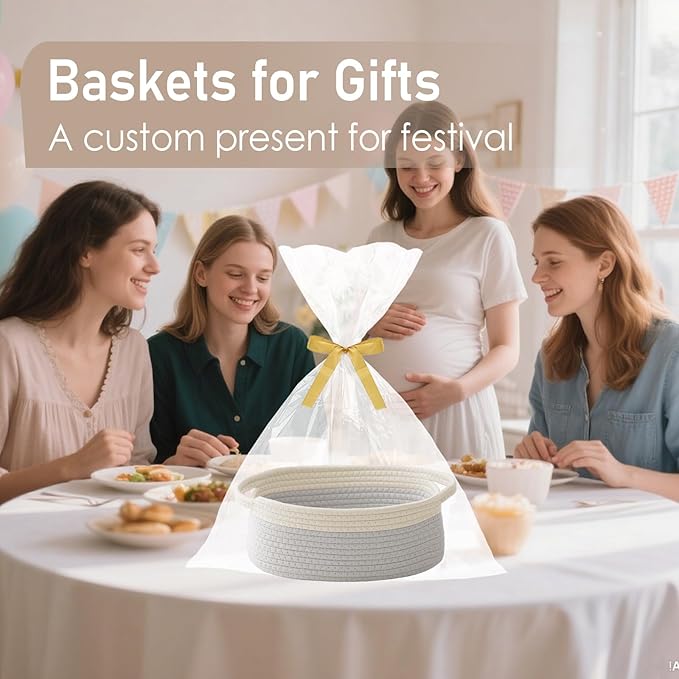 Woven Basket,Small Rope Storage Bin with Handles & Ribbon Bag, Organizer for Shelves Closets,Gift Basket Empty for Birthday,Books,Dog Toys, White&Grey
