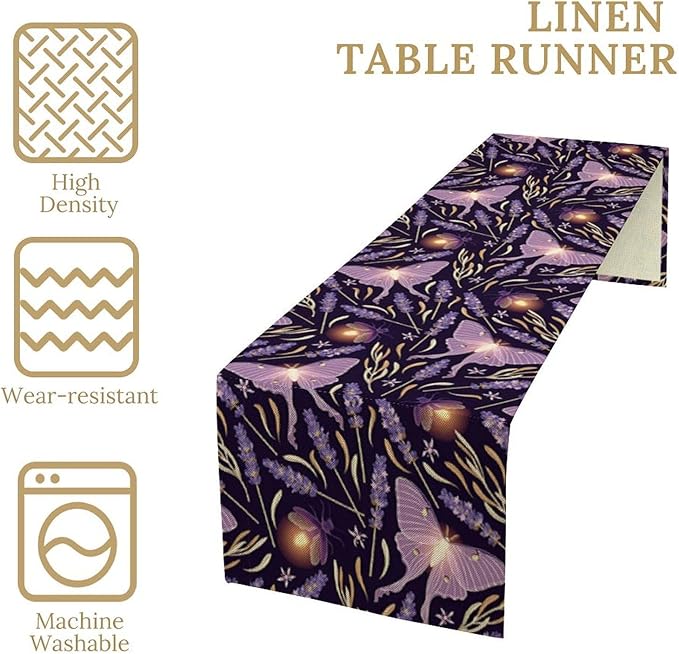 Purple Moth Table Runner,Retro Butterfly Flower Print Table Runner for Wedding Holiday Indoor Outdoor Party Home Decor 13x108in