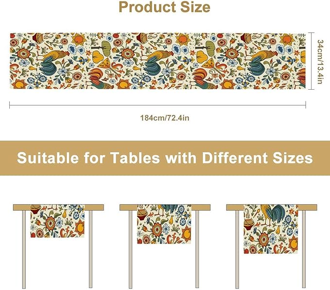 Farm Animal Table Runner, Boho Folk Style Country Rustic Farmhouse Rooster Flower Print Table Runner for Home Kitchen Dining Holiday Decor, 13x120inch