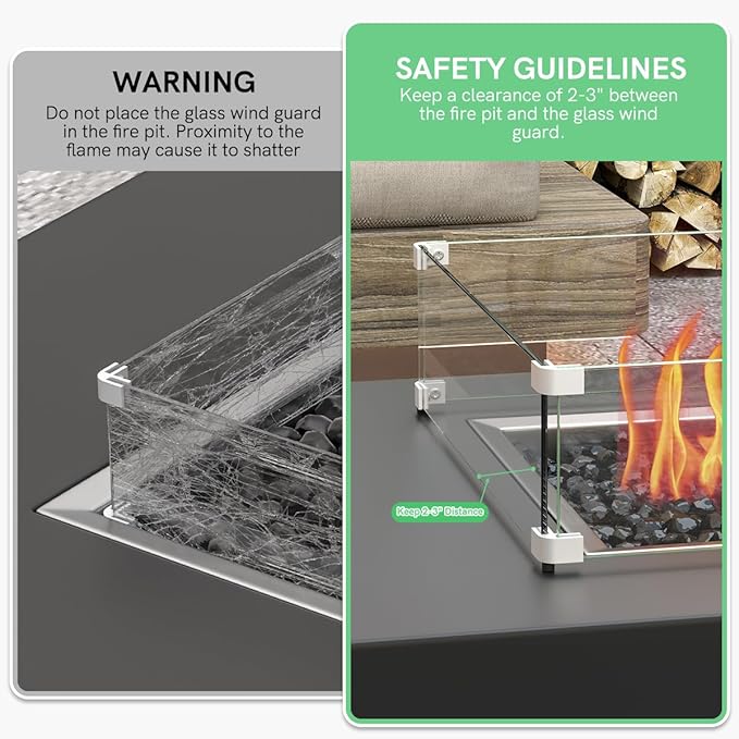20.5 x 20.5 x 6 Inch Glass Wind Guard for Propane Gas Fire Pit Table, Square Thick Tempered Glass Shield, Firepit Glass Barrier with Aluminum Corner Bracket & Rubber Feet