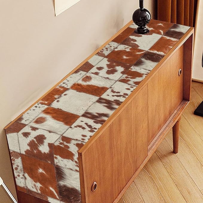 Cow Print Table Runner, Brown Cowhide Print Collage Fur Western Style Table Runner Country Farmhouse Cottage Cow Pattern Linen Table Decoration for Home Kitchen Dining 13x90