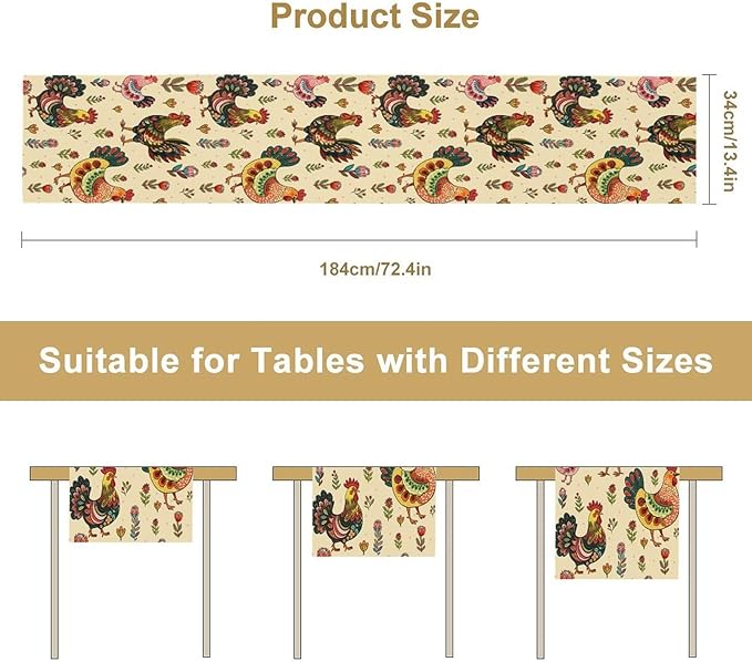 Rustic Farm Animal Table Runner, Vintage Rooster Boho Flowers Table Runner for Kitchen Dining Holiday Home Party 13x90in