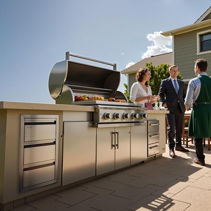 VEVOR Outdoor Kitchen Drawers 14.7" W x 25.4" H x 18.7" D, Box Frame Style Flush Mount BBQ Drawers with Stainless Steel Handle, BBQ Island Drawers for Outdoor Kitchens or Patio Grill Station