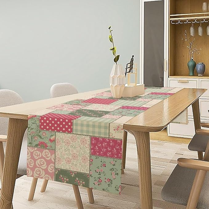 Patchwork Flowers Table Runner, Boho Plaid Floral Retro Romantic Rose Plants Table Runner for Dining Coffee Party Holiday Farmhouse 13x70in
