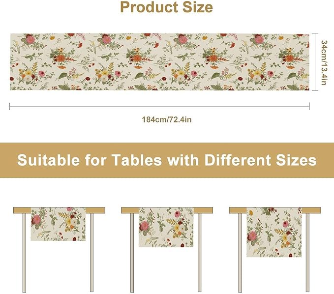 Vintage Flower Table Runner, Rustic Farmhouse Retro Garden Botanical Plants Herbs Wildflower Print Table Runner for Kitchen Dining Room Wedding Party Decor, 13x90inch