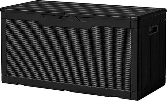 Devoko 97 Gallon Deck Box, Waterproof Resin Outdoor Storage Box for Outside and Patio, Large Outdoor Storage Bench Cabinet Lockable for Patio Furniture, Garden Tools and Pool Supplies (Black)