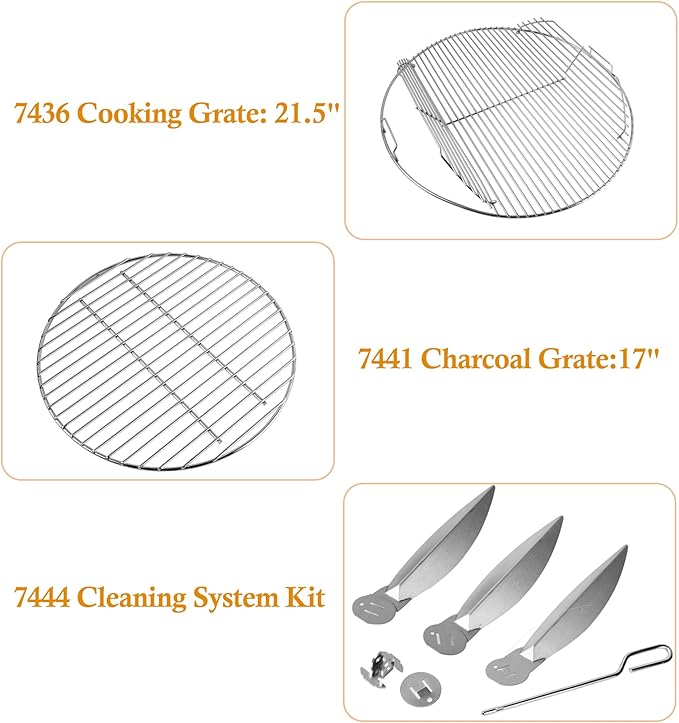 Grill Grates for Weber 22'' 22.5" Charcoal Grill, Cooking Grate Charcoal Grate for Weber 7436 7441 Kettle, Bar-B-Kettle, Master-Touch Grill, One-Touch Cleaning System Kit for We ber 7444