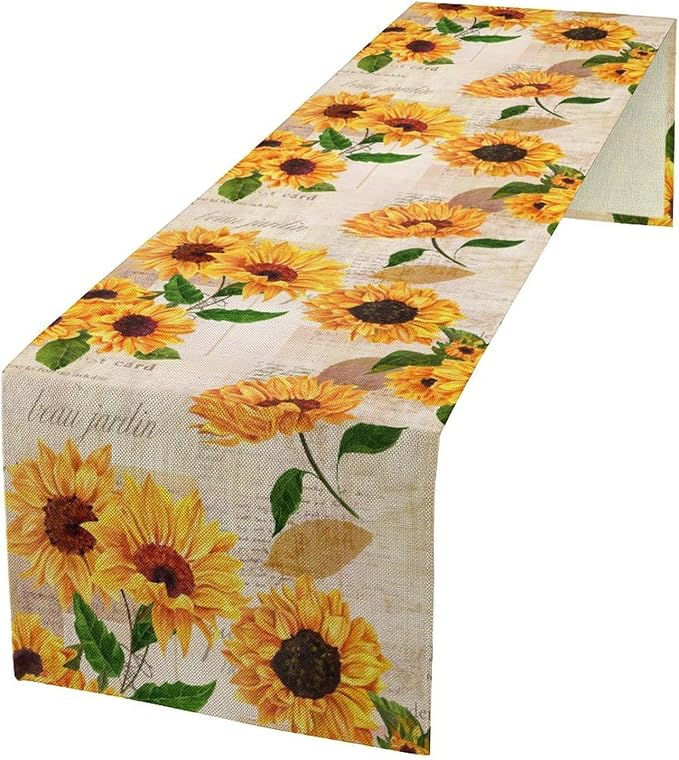 Sunflower Table Runner, Rustic Old Paper Seasonal Table Runner Farmhouse Kitchen Home Party Dining Room 13x60in