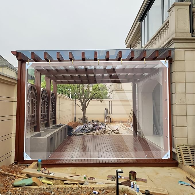 Clear Tarps Heavy Duty PVC, 14Mil Thickened Tear Resistant Waterproof PVC Vinyl Tarp，Protects Against Water,Tear, Cold Weather Resistan，for Patio,Porch and Outdoor（7' x 10'）