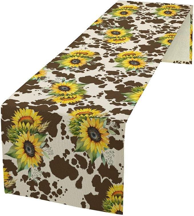 Cow Print Table Runner, Brown Sunflower Cow Print Animal Fur Skin Rustic Cowhide Pattern Table Runner for Kitchen Farmhouse Dining Home Outdoor 13x70in