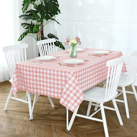 Romanstile Rectangle Vinyl Tablecloth, 100% Waterproof Checkered Plastic Table Cloth, Heavy Duty Buffalo Gingham Table Cover for Dining, Camping, Picnic, Outdoor - 54 x 120 Inch, Light Pink