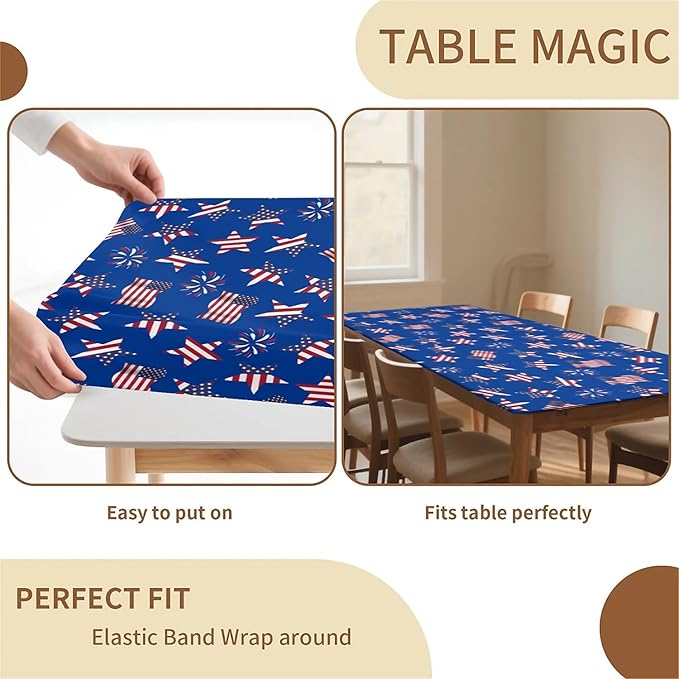 Rectangle Table Cloth Cover Waterproof Elastic Fitted Polyester Fitted Tablecloths for 6 Foot Tables for Indoor,Picnic, Camping, Outdoor （60" x 30"，American Flag）